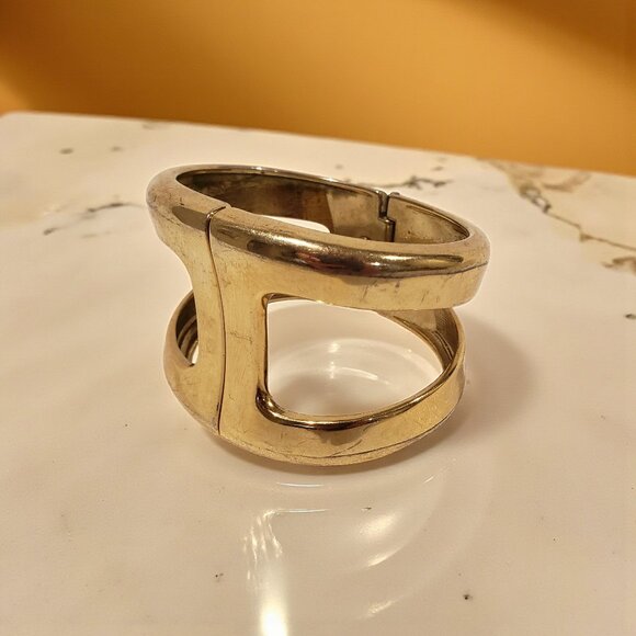 Vintage Yves Saint Laurent (YSL) Gold Tone Openwork Hinged Cuff Bracelet, Signed - Picture 1 of 12